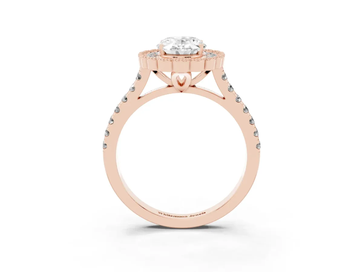 Oval Cut Cut Diamond Milgrain Floral Halo Engagement Ring with Pavé Band Rose gold