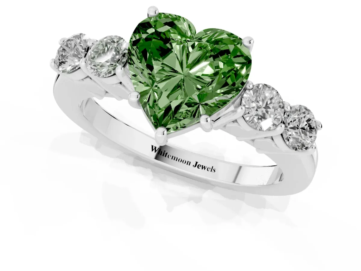 Fancy Green Heart Cut Cut Diamond Five-Stone Prong Set White Gold Ring Silver