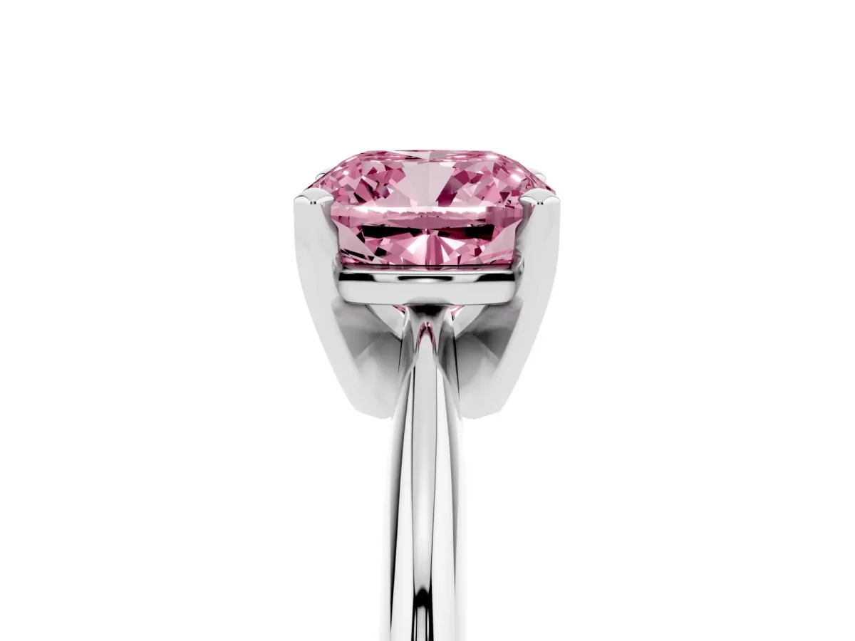 Fancy Pink Cushion Cut Cut Solitaire Ring with Four-Prong Setting on a Classic Band Silver