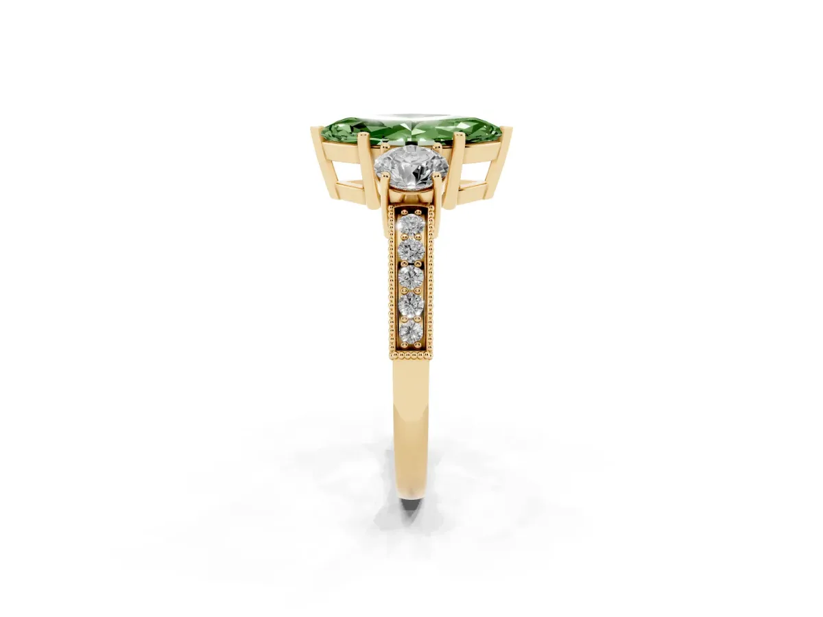 Fancy Green Marquise Cut Three-Stone Diamond Ring with Pavé Band and Four-Prong Setting Yellow gold