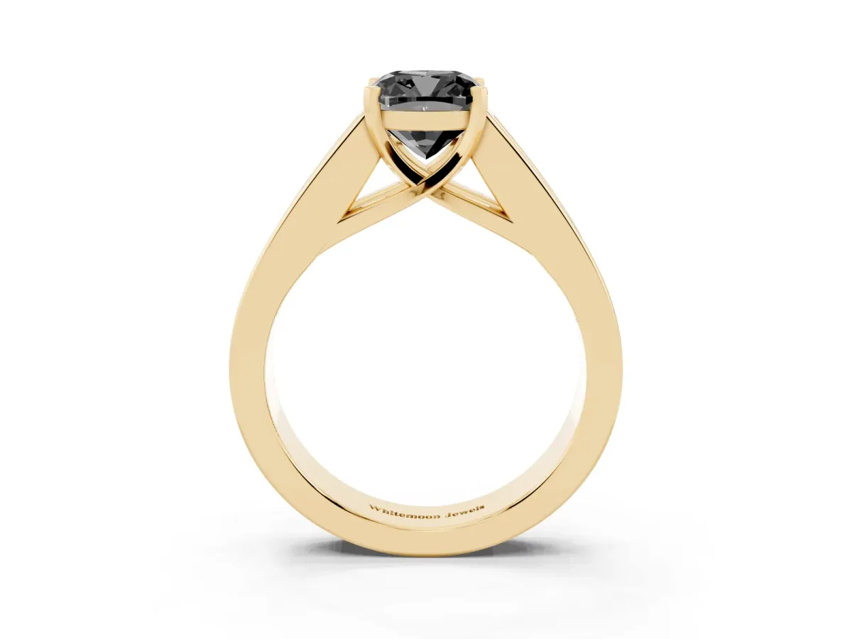Fancy Black Cushion Cut Cut Channel Set Solitaire Ring with Four-Prong Setting Yellow gold