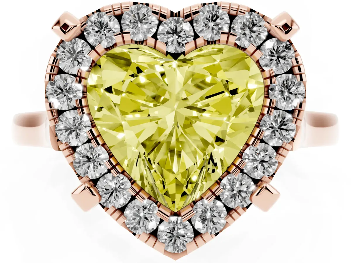 Fancy Yellow Heart Cut Diamond Cluster Halo Solitaire with Four-Prong Setting Rose gold