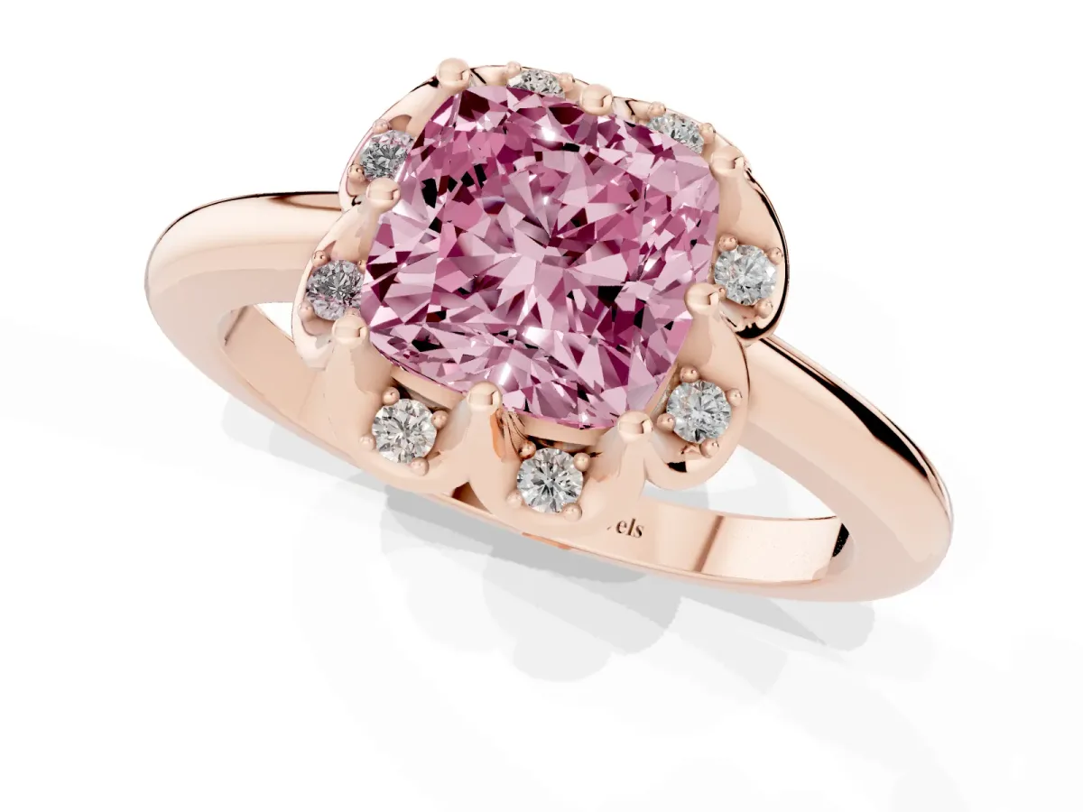 Fancy Pink Cushion Cut Halo Diamond Ring with Round Cluster Setting, Solitaire Band, and Four-Prong Setting Rose gold