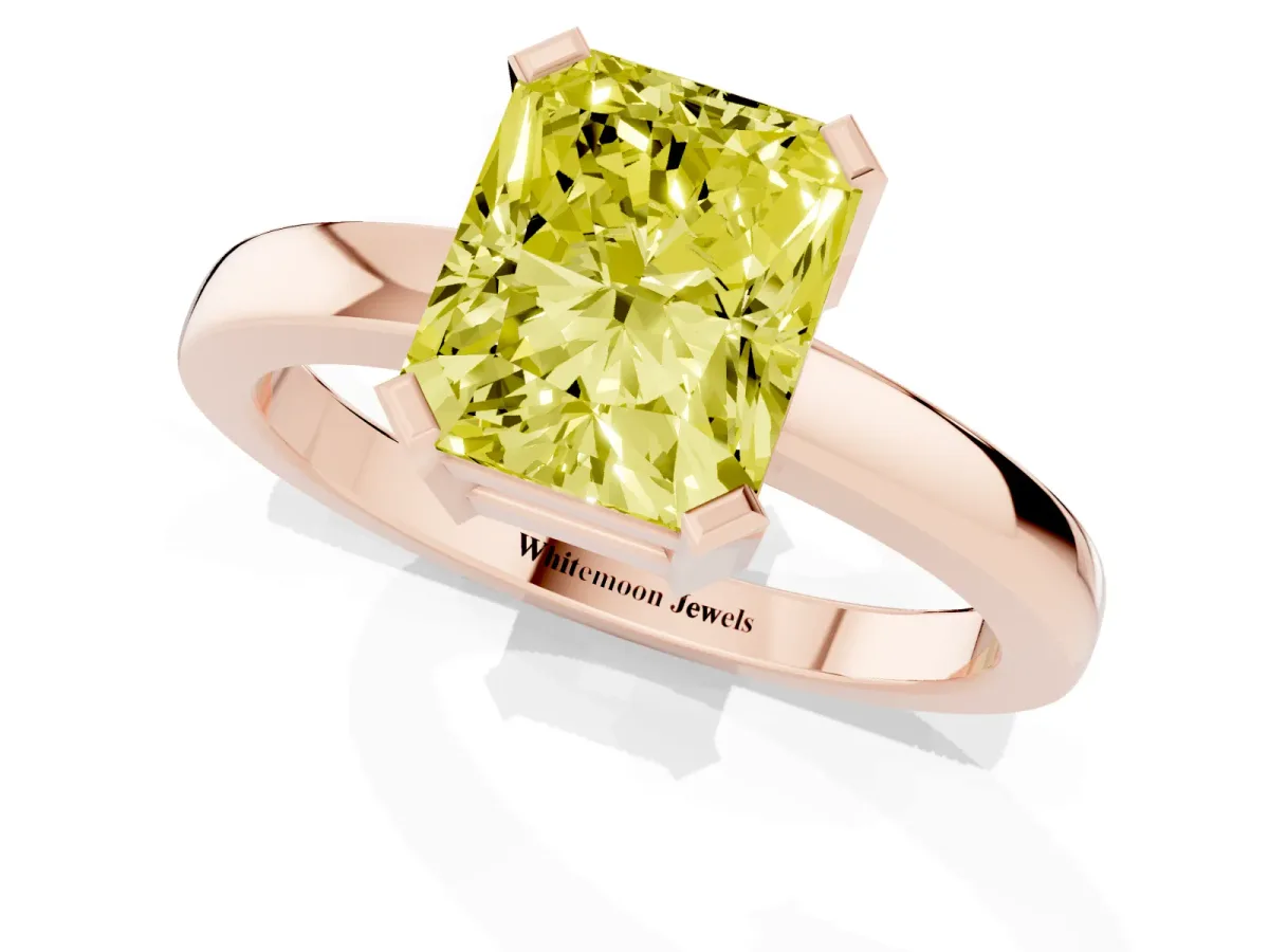 Fancy Yellow Radiant Cut Cut Solitaire Ring with Four-Prong Setting and Classic Band Rose gold