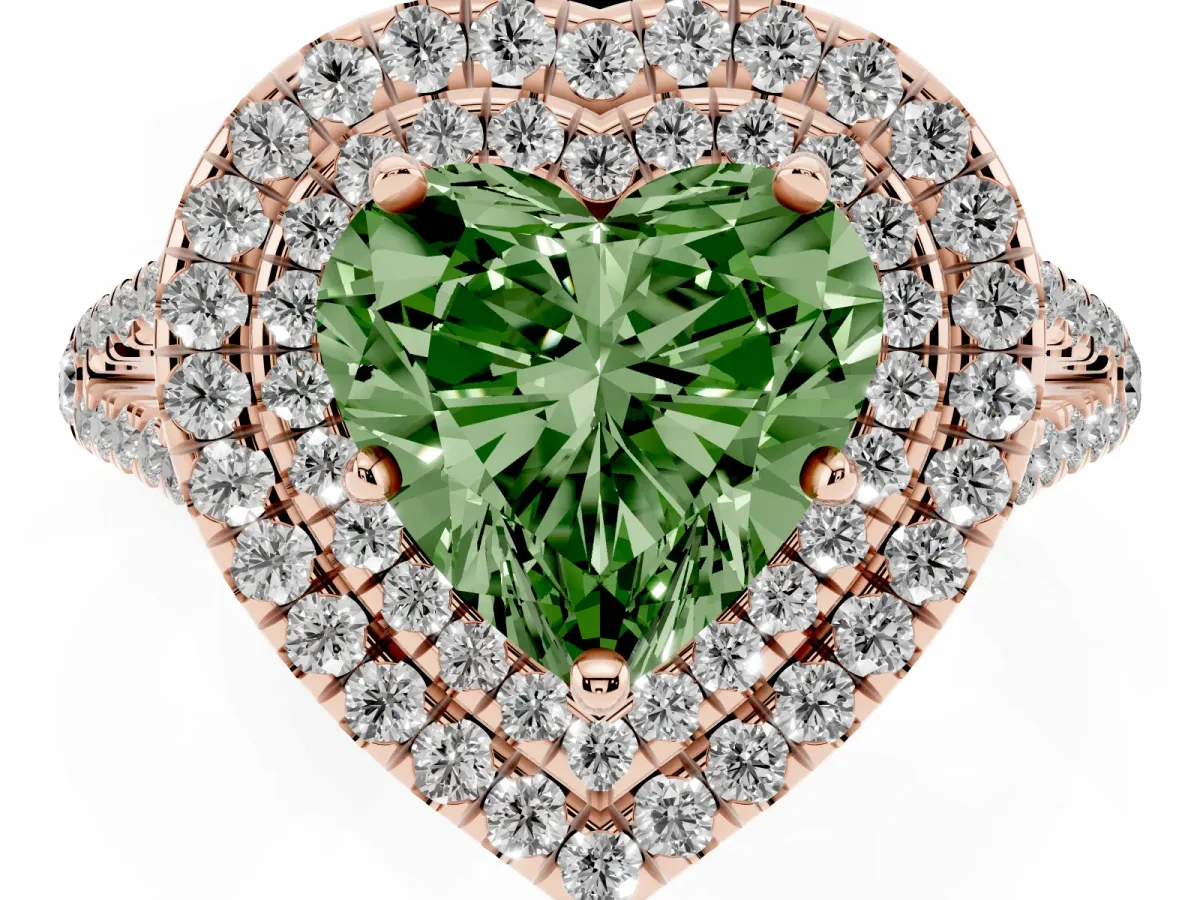 Fancy Green Heart Cut Diamond Double Halo Ring with Pavé Band and Prong Setting Rose gold
