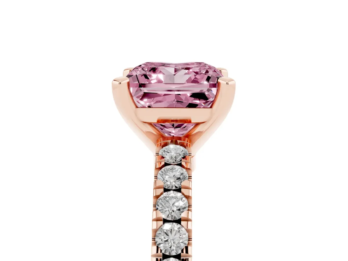 Fancy Pink Princess Cut Solitaire Diamond with Pavé Band and Four-Prong Setting Rose gold