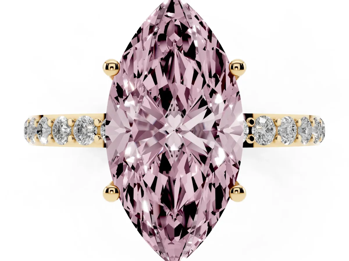 Fancy Pink Marquise Cut Diamond Solitaire Ring with Round Pavé Shoulders and Prong Setting Yellow gold