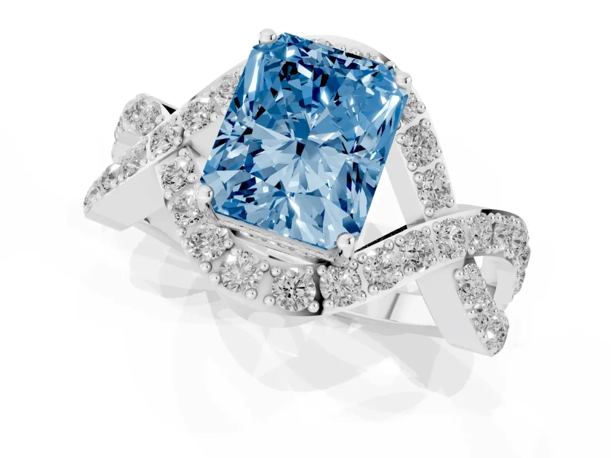 Fancy Blue Radiant Cut Solitaire Twist Band Pavé Diamond Engagement Ring Platinum