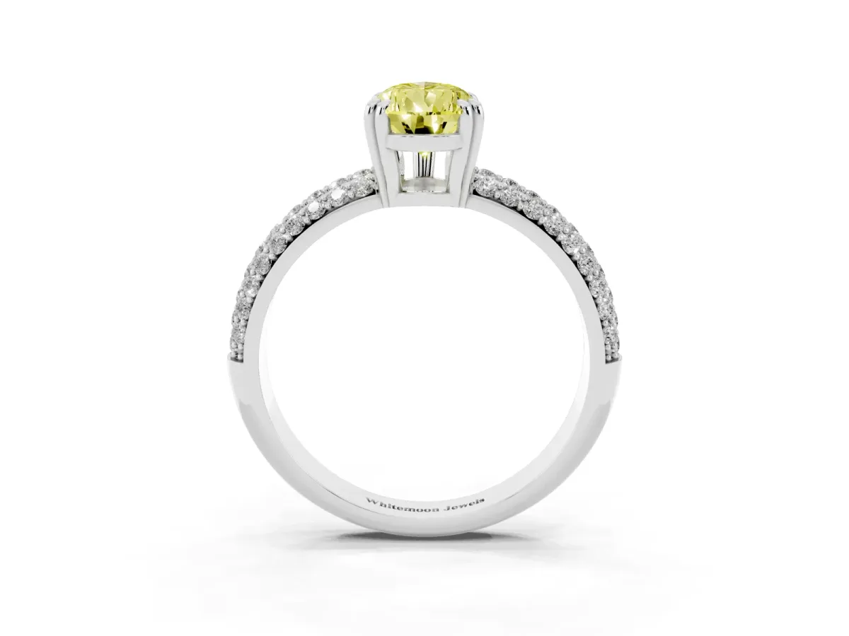 Fancy Yellow Pear Cut Diamond Solitaire Ring with Multi-Row Round Pavé Band and Prong Setting Silver