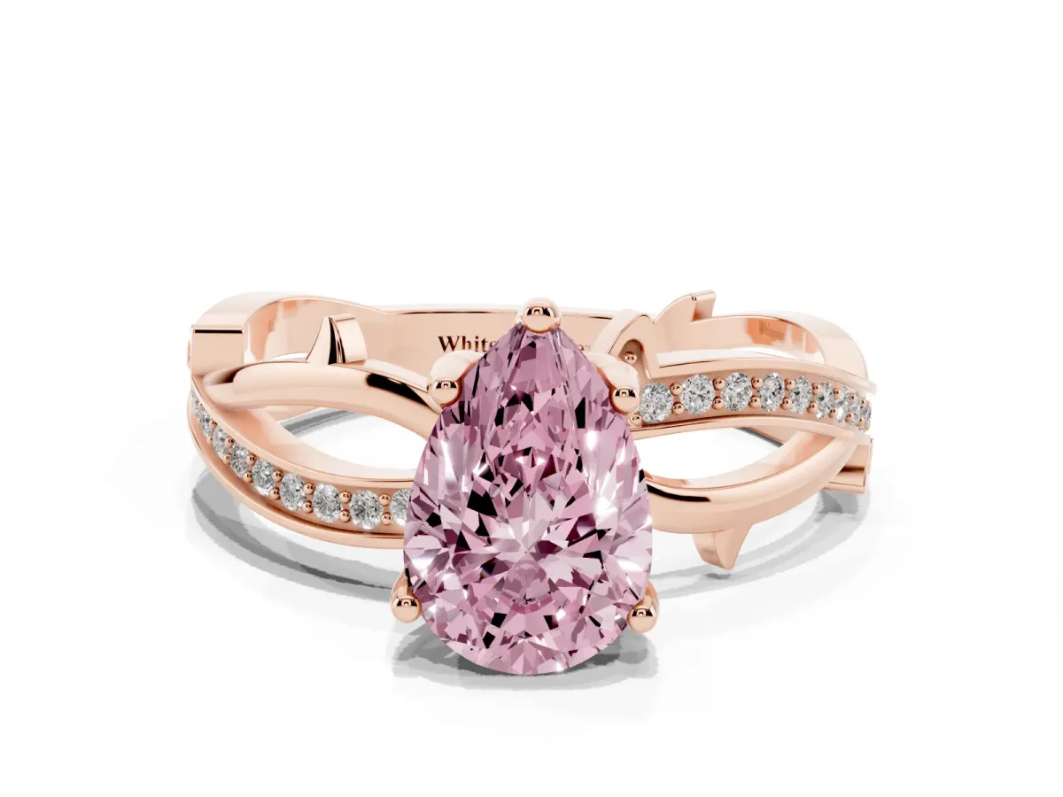 Fancy Pink Pear Cut Solitaire Twist Band with Pavé Accents and Four-Prong Setting Rose gold