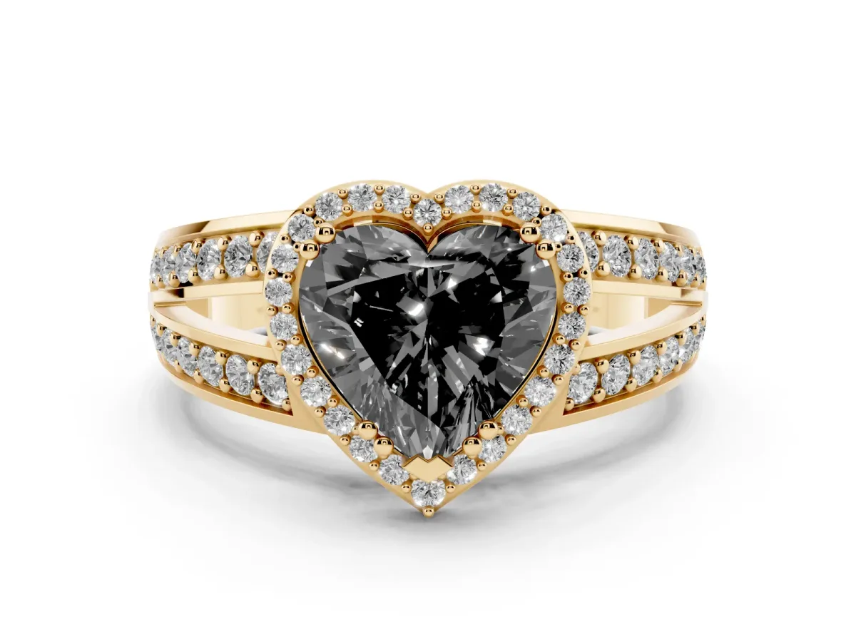 Fancy Black Heart Cut Diamond Halo Ring with Split Shank Pavé Band and Four-Prong Setting Yellow gold