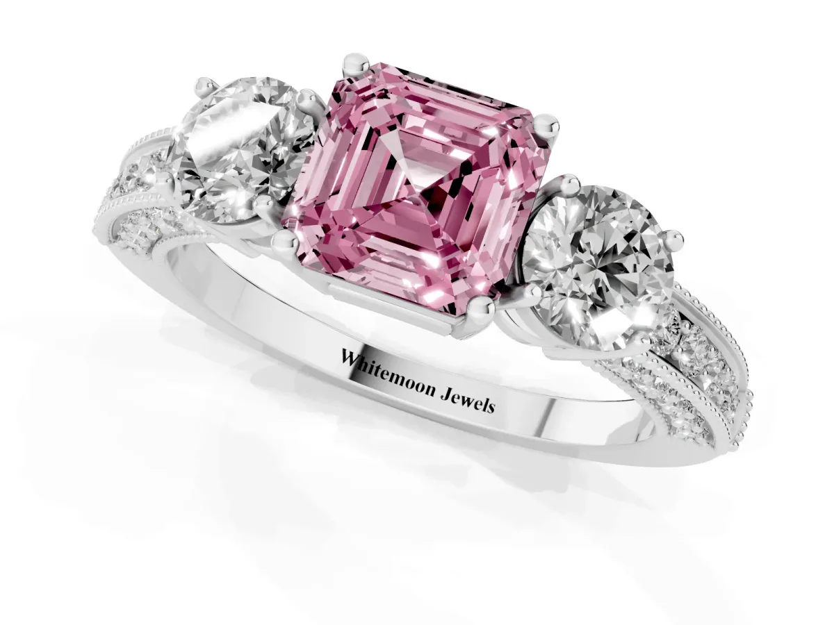 Fancy Pink Asscher Cut Three-Stone Diamond Ring with Pavé Band and Four-Prong Setting Silver