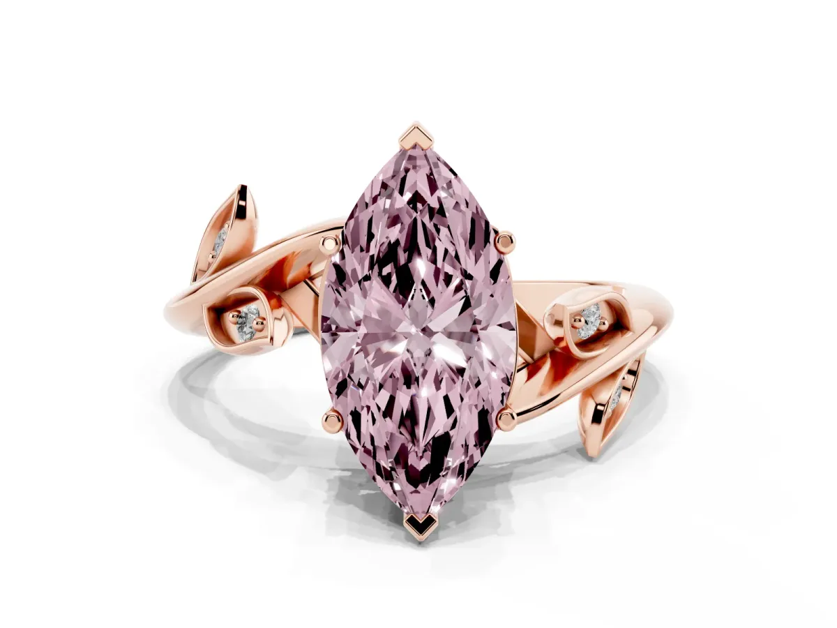 Fancy Pink Marquise Cut Solitaire Twist Engagement Ring with Leaf Accents and Prong Setting Rose gold