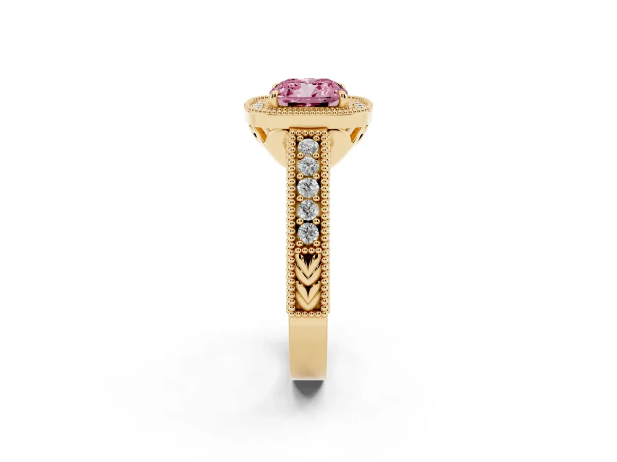 Fancy Pink Cushion Cut Cut Halo Diamond Ring with Pavé Band and Four-Prong Setting Yellow gold