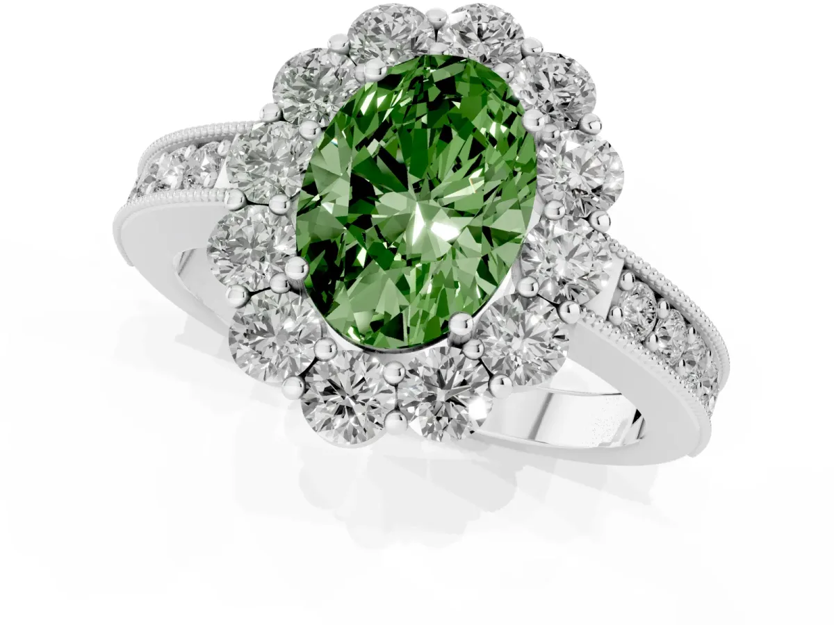 Fancy Green Oval Cut Cut Halo Diamond Pavé Engagement Ring with Milgrain Detailing Silver