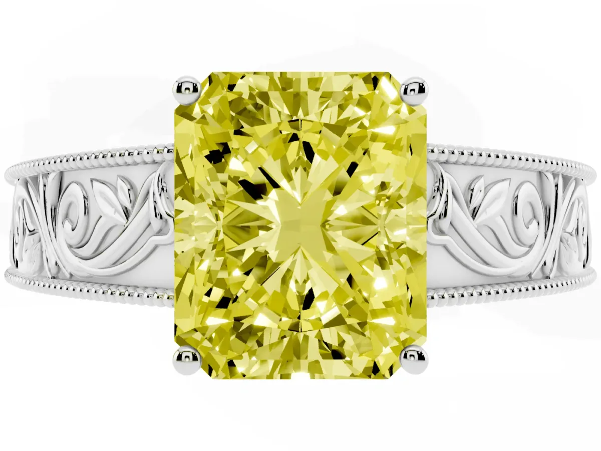 Fancy Yellow Radiant Cut Diamond Solitaire Ring with Engraved Band and Four-Prong Setting White gold