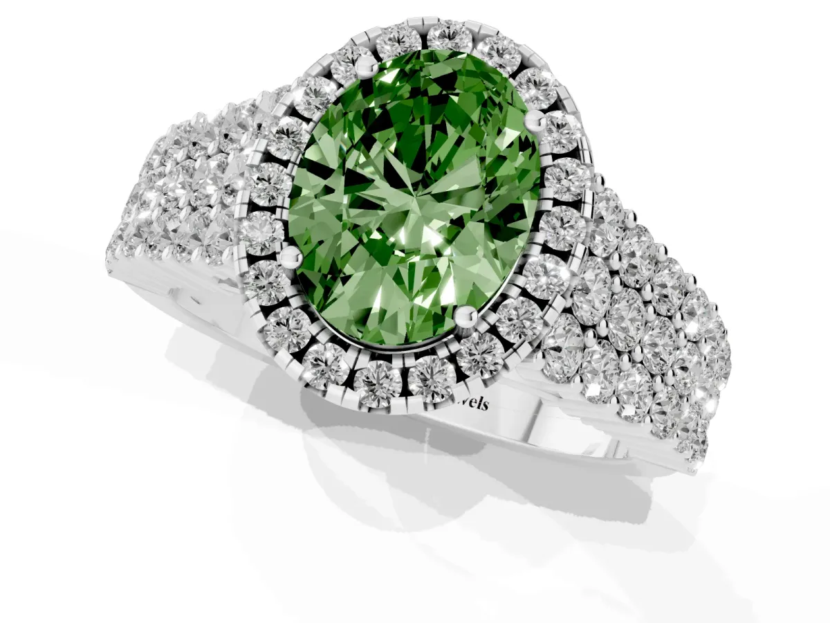 Fancy Green Oval Cut Diamond Halo Engagement Ring with Triple Row Round Pavé Band and Prong Setting Platinum
