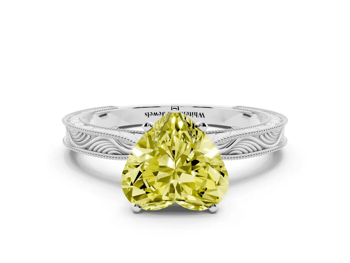 Fancy Yellow Heart Cut Solitaire Milgrain Engraved Band with Four-Prong Setting Silver