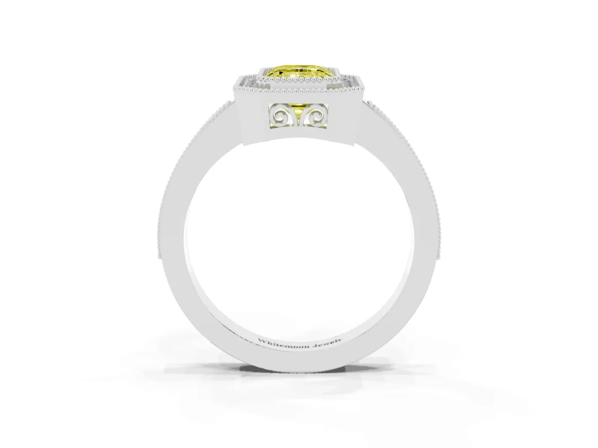 Fancy Yellow Emerald Cut Cut Halo Diamond Ring with Pavé Band and Milgrain Prong Setting White gold