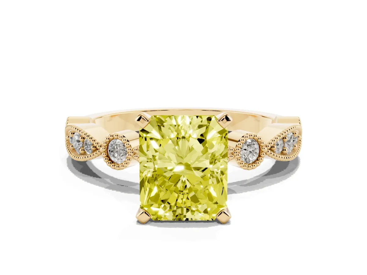 Fancy Yellow Radiant Cut Milgrain Bezel Diamond Engagement Ring with Solitaire Prong Setting Yellow gold