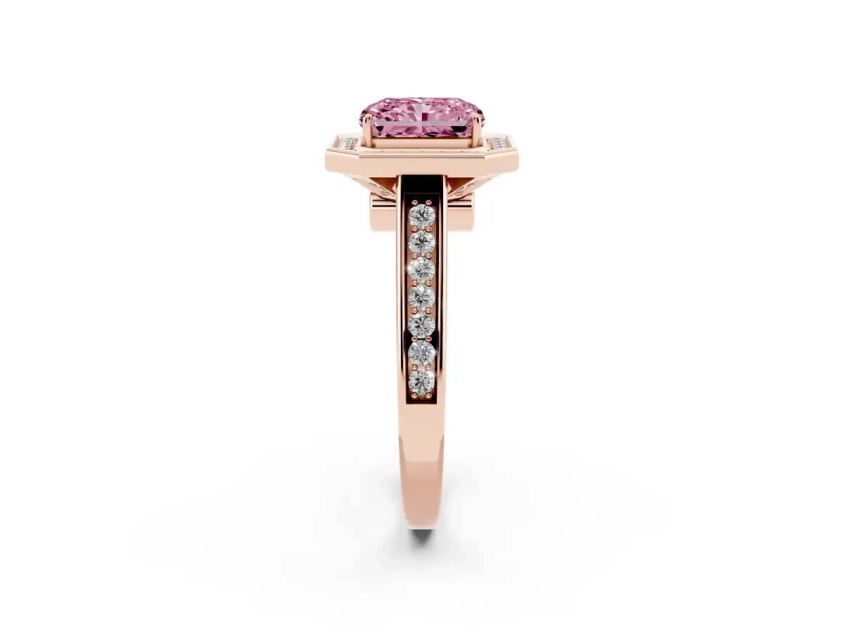Fancy Pink Emerald Cut Halo Solitaire Diamond Ring with Pave Band and Bezel Setting Rose gold