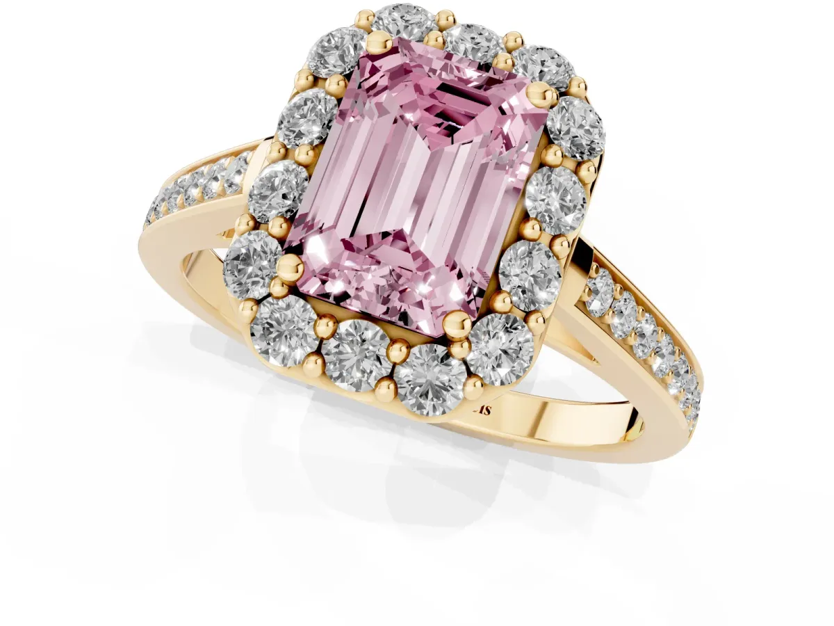 Fancy Pink Emerald Cut Diamond Floral Halo Ring with Pavé Band and Prong Setting Yellow gold