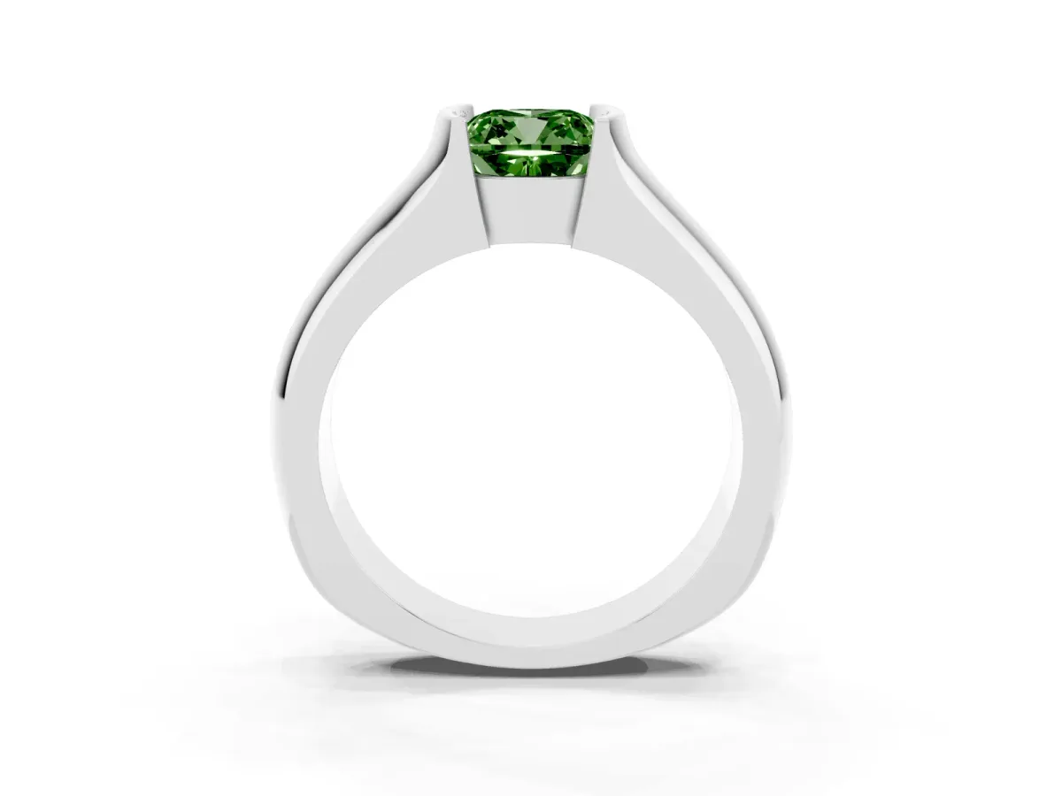 Fancy Green Cushion Cut Solitaire Bezel Set Diamond Ring with Wide Band Silver