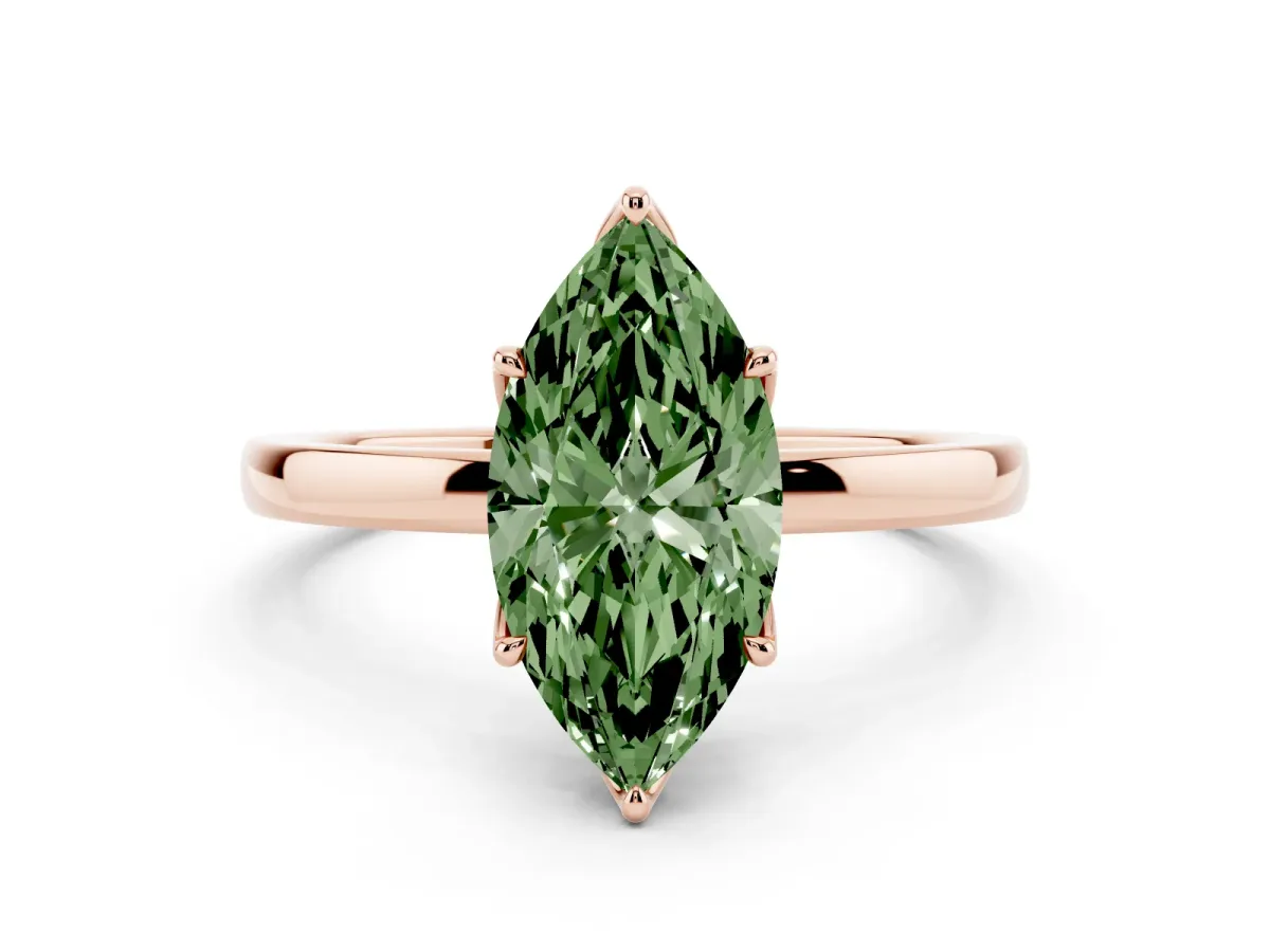 Fancy Green Marquise Cut Diamond Solitaire Ring with Thin Band and Prong Setting Rose gold
