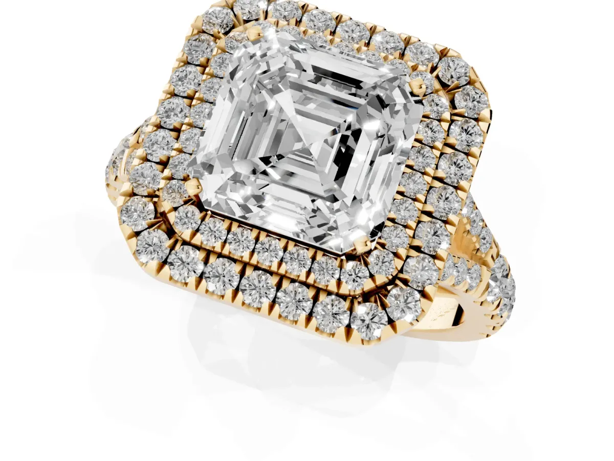 Asscher Cut Cut Double Halo Split Shank Diamond Ring with Prong Setting Yellow gold
