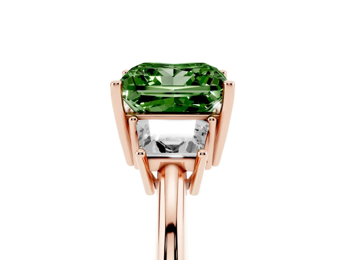 Fancy Green Princess Cut Diamond Three-Stone Ring with Trapezoid Side Stones and Prong Setting Rose gold