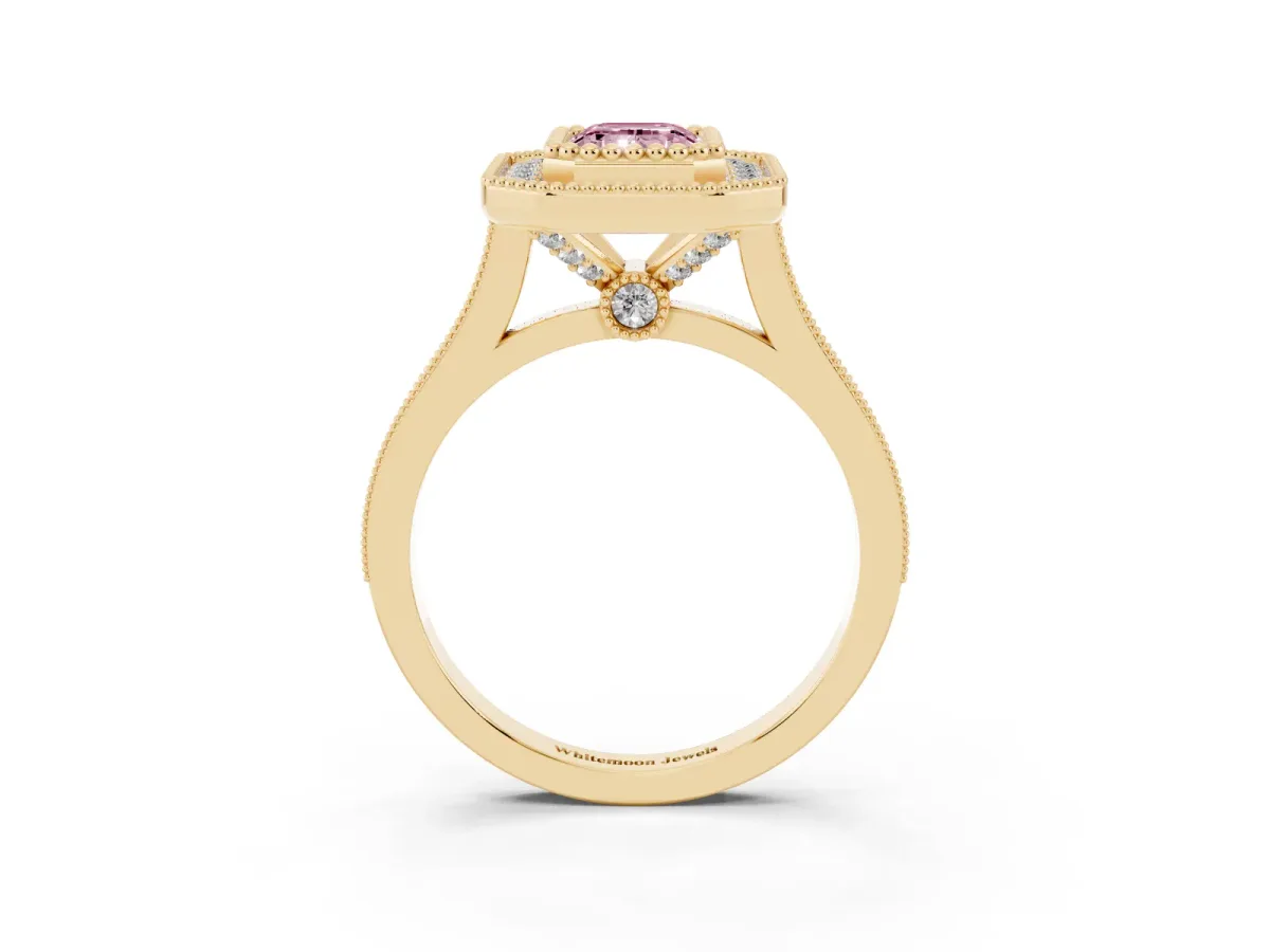 Fancy Pink Emerald Cut Diamond Halo Ring with Milgrain Frame and Pavé Band Yellow gold