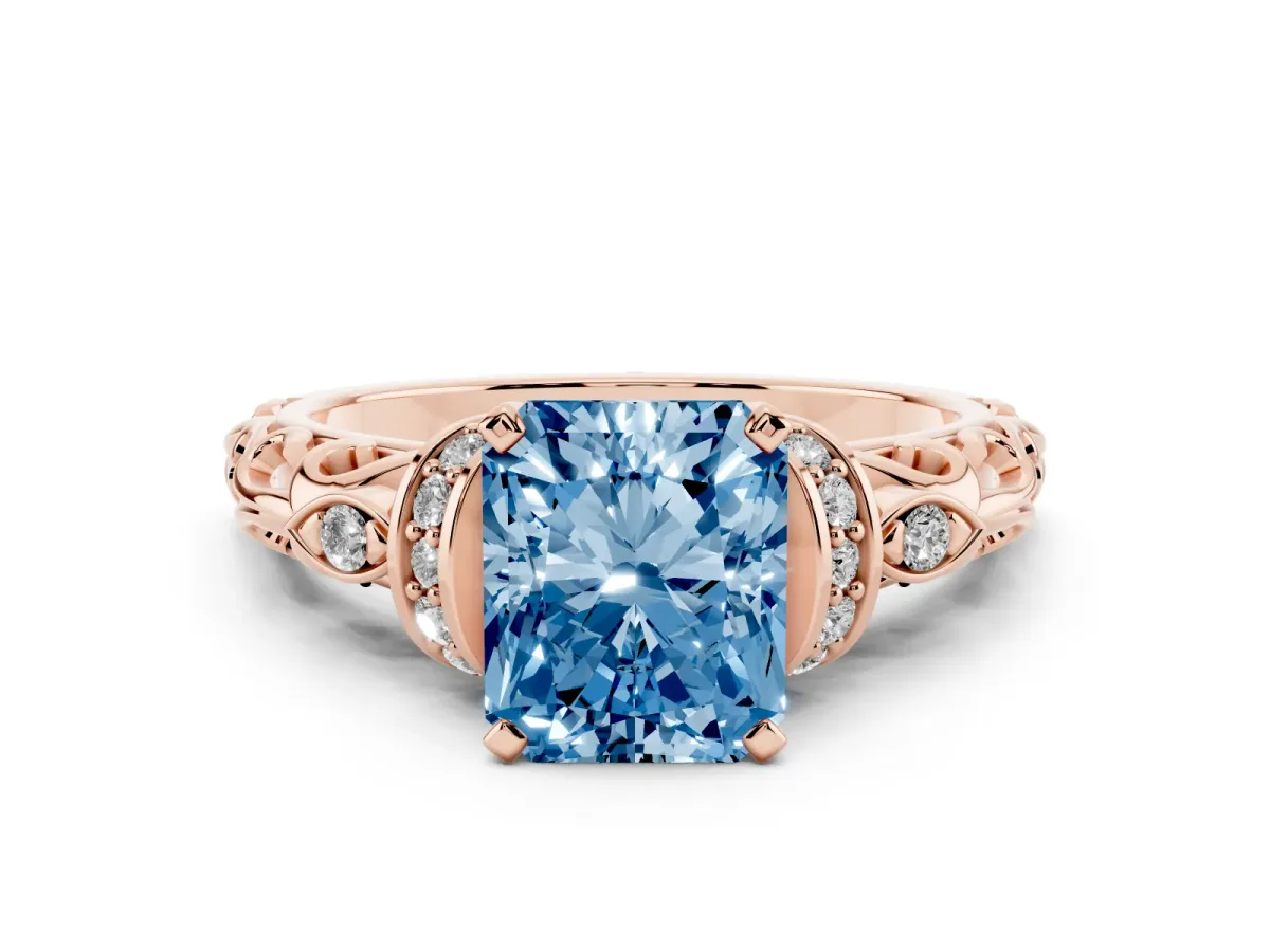 Fancy Blue Radiant Cut Diamond Solitaire Ring with Filigree Band and Four-Prong Setting Rose gold
