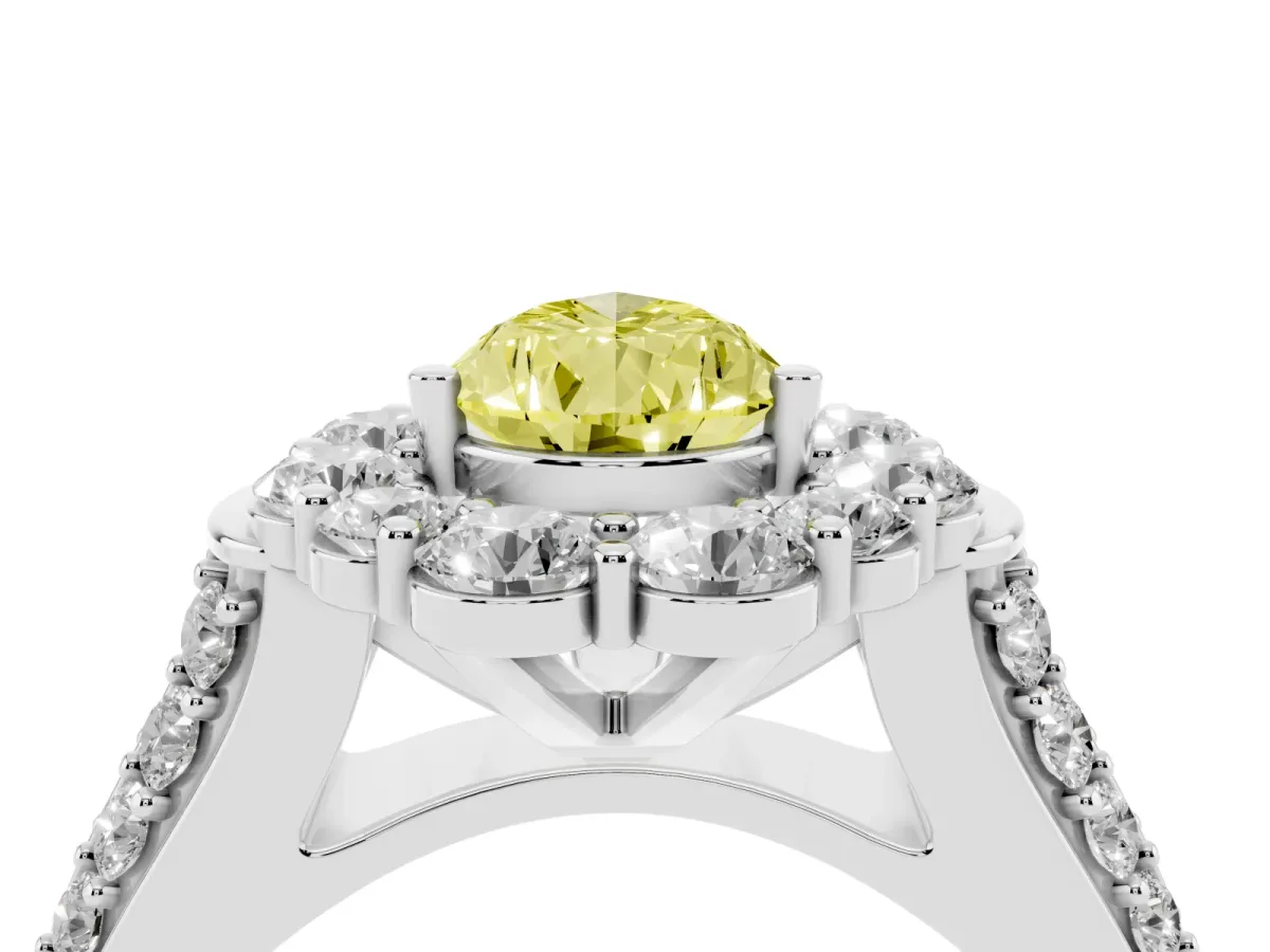 Fancy Yellow Pear Cut Halo Diamond Engagement Ring with Split Shank and Prong Setting Silver