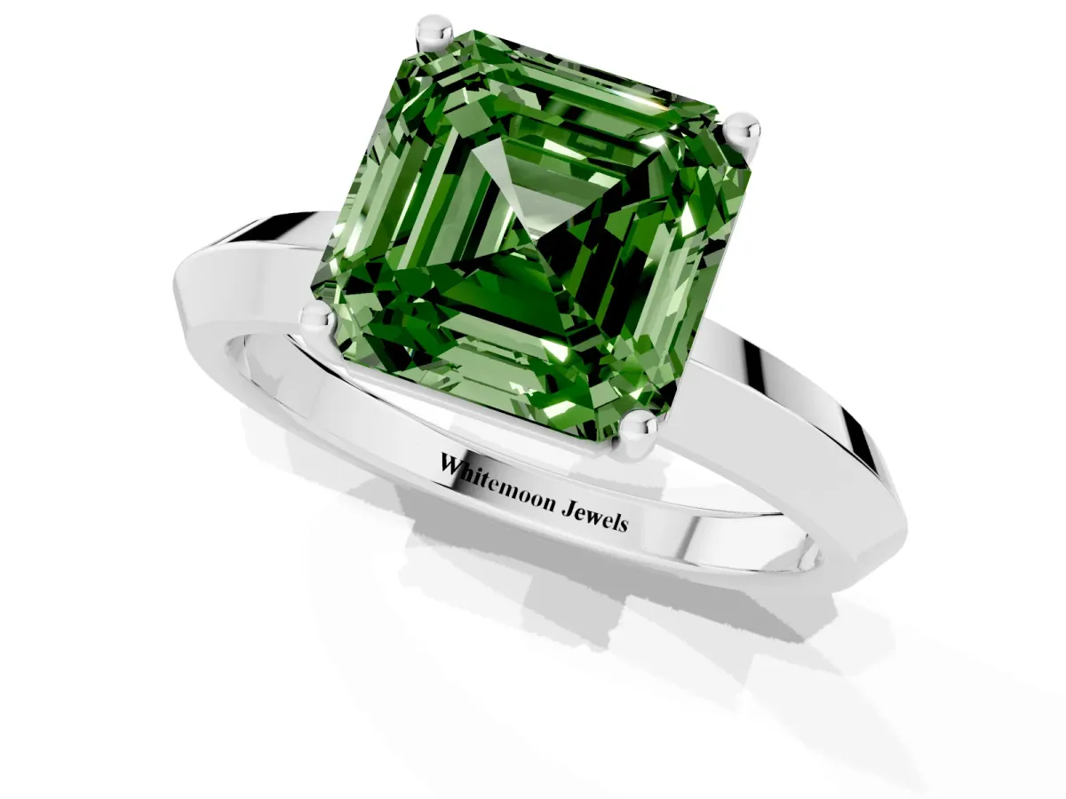 Fancy Green Asscher Cut Cut Solitaire Engagement Ring with Flat Band and Four-Prong Setting Platinum
