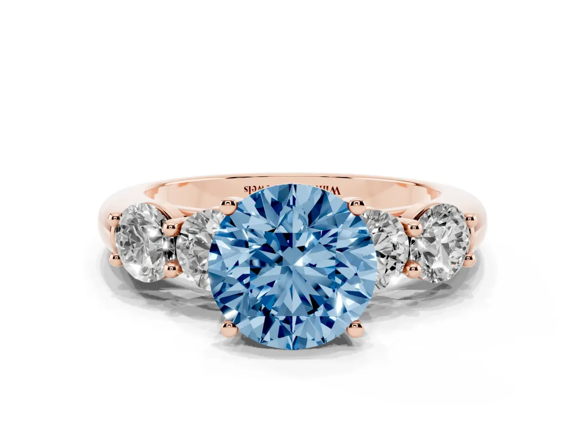 Fancy Blue Round Cut Cut Five-Stone Prong Set Diamond Ring with Classic Band Rose gold
