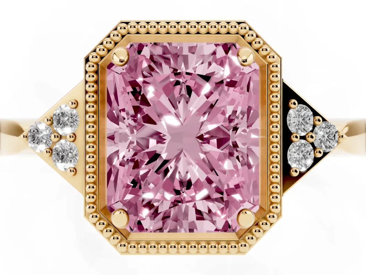Fancy Pink Radiant Cut Diamond Halo Ring with Tapered Band and Four-Prong Setting Yellow gold