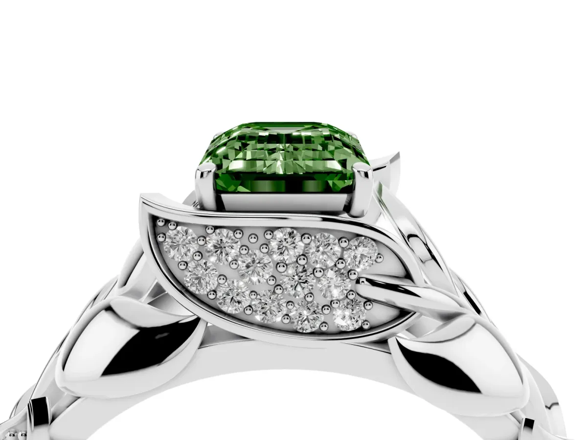 Fancy Green Emerald Cut Diamond Leaf-Inspired Engagement Ring with Round Accents and Prong Setting Silver