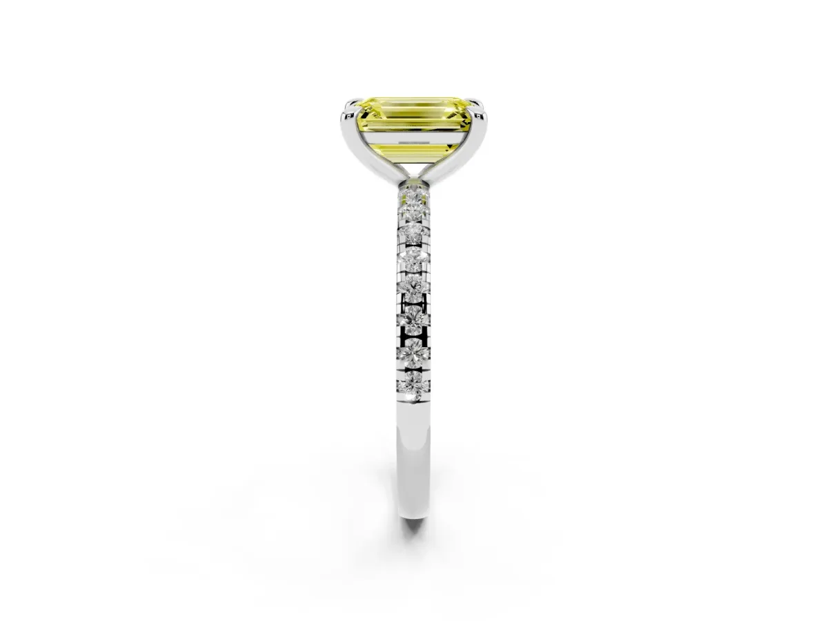 Fancy Yellow Emerald Cut Diamond Brilliant Solitaire Ring with Pavé Band and Four-Prong Setting White gold