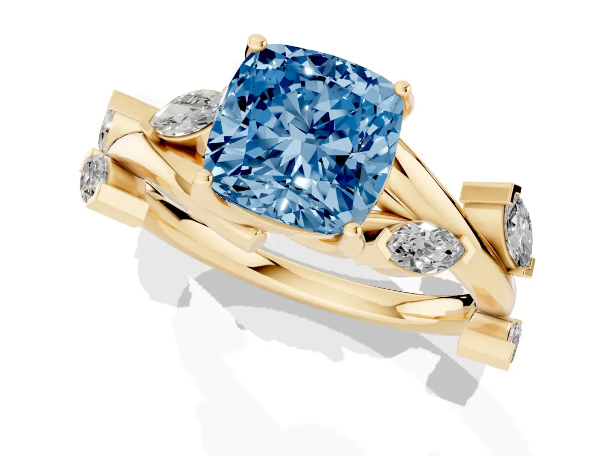Fancy Blue Cushion Cut Solitaire Twisted Band Marquise Accent Prong Setting Ring Yellow gold