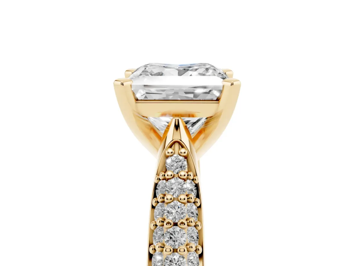 Princess Cut Diamond Solitaire Engagement Ring with Multi-Row Round Pavé Band and Prong Setting Yellow gold