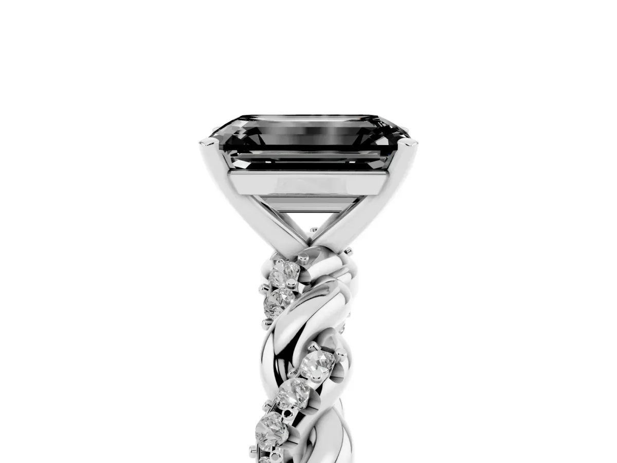 Fancy Black Emerald Cut Diamond Solitaire Ring with Twisted Band and Pavé Accents Platinum