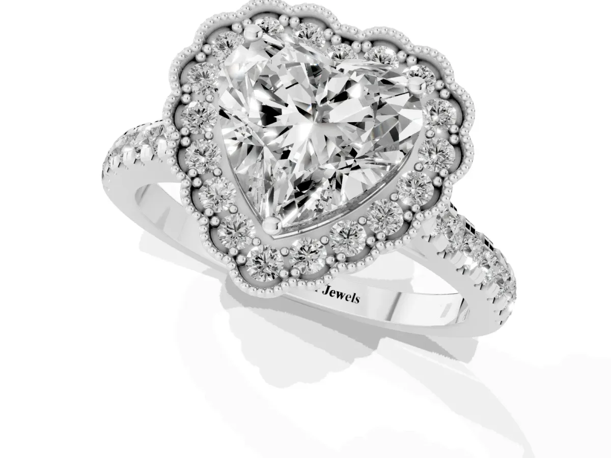 Heart Cut Cut Diamond Milgrain Floral Halo Engagement Ring with Pavé Band Silver