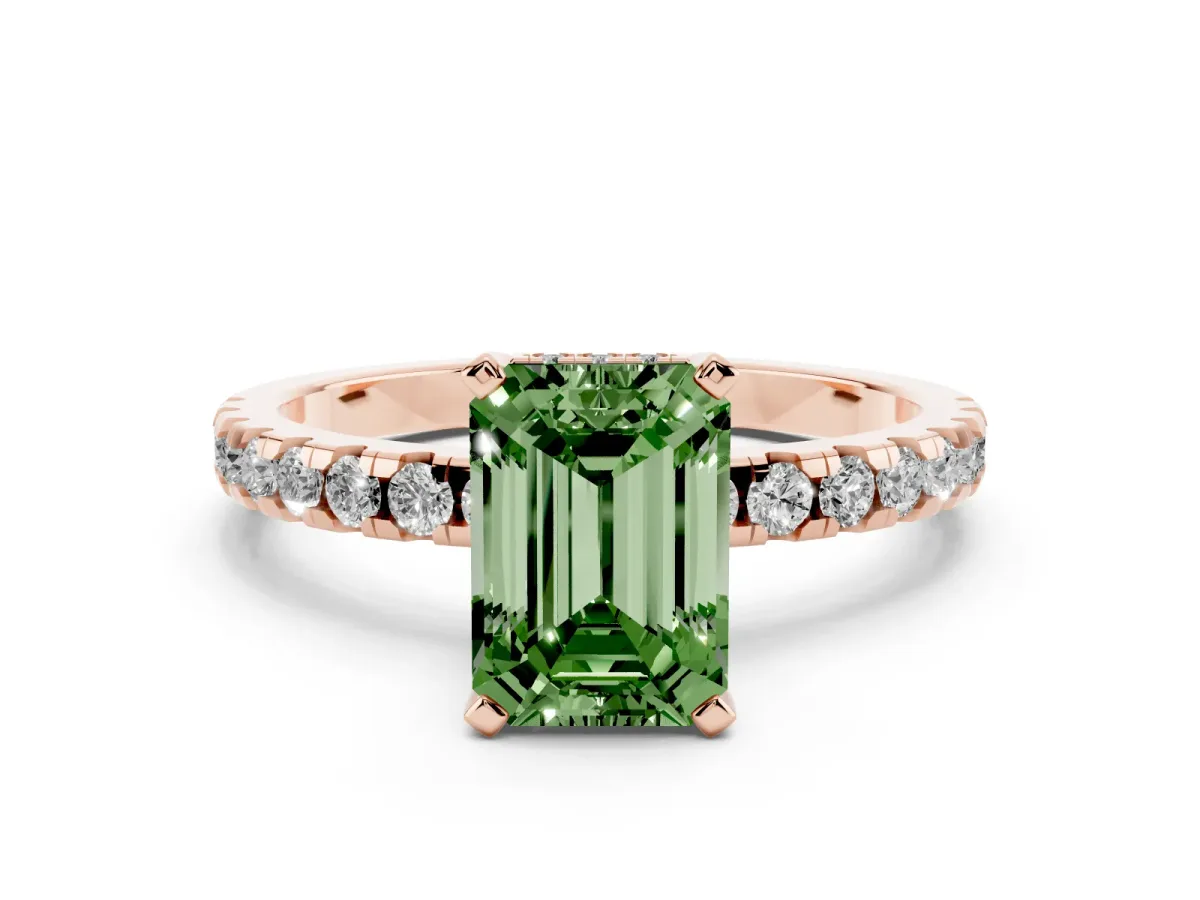 Fancy Green Emerald Cut Diamond Solitaire Ring with Round Pavé Band and Four-Prong Setting Rose gold
