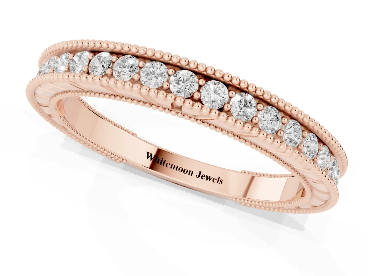 Round Cut Diamond Milgrain Eternity Band with Channel Setting Rose gold