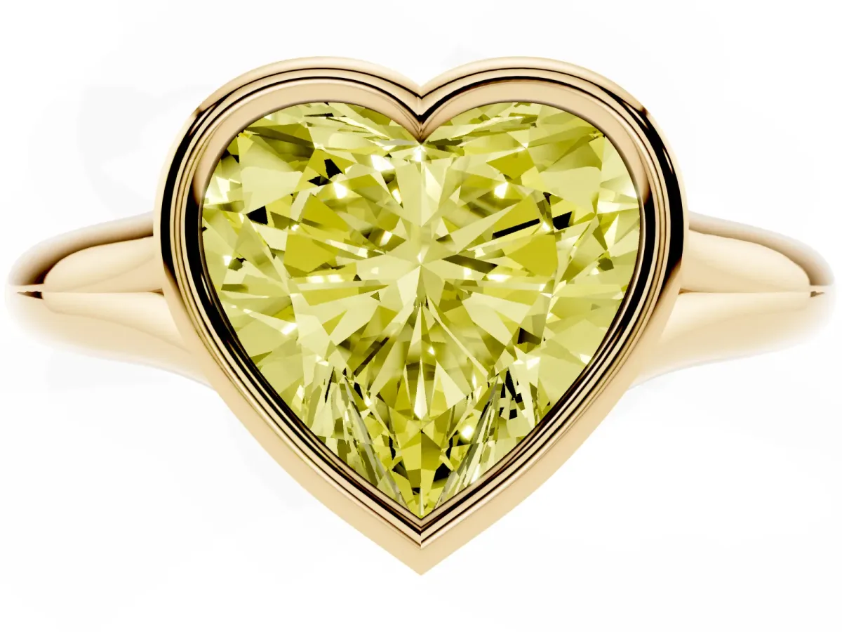 Fancy Yellow Bezel Set Heart Cut Solitaire Diamond Ring with Smooth Band Yellow gold