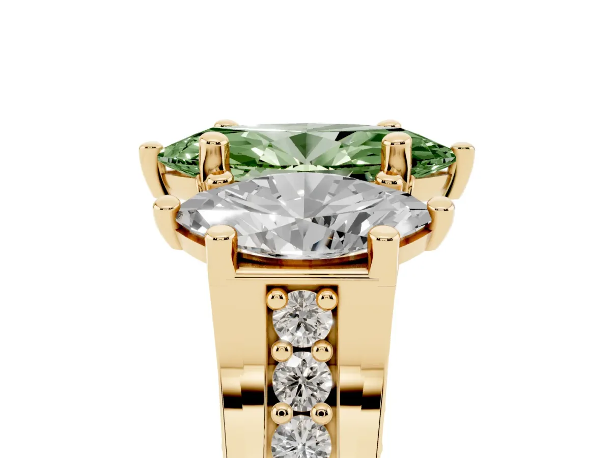 Fancy Green Marquise Cut Diamond Three-Stone Ring with Channel Set Band and Four-Prong Setting Yellow gold
