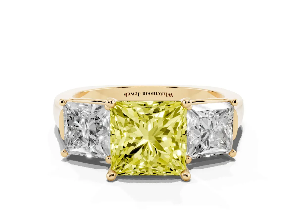 Fancy Yellow Three-Stone Princess Cut Brilliant Diamond Trellis Ring with Comfort Fit Band Yellow gold