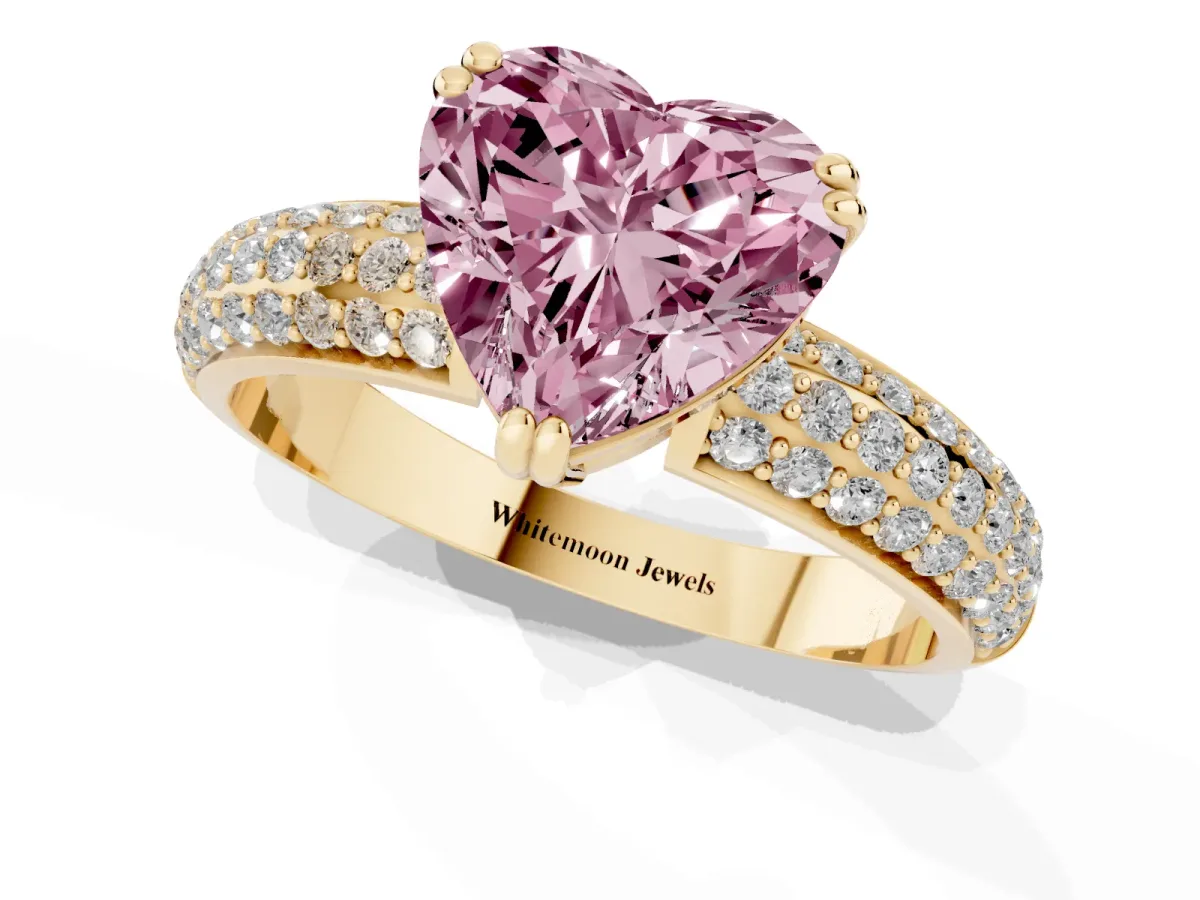 Fancy Pink Heart Cut Diamond Solitaire Ring with Multi-Row Round Pavé Band and Prong Setting Yellow gold