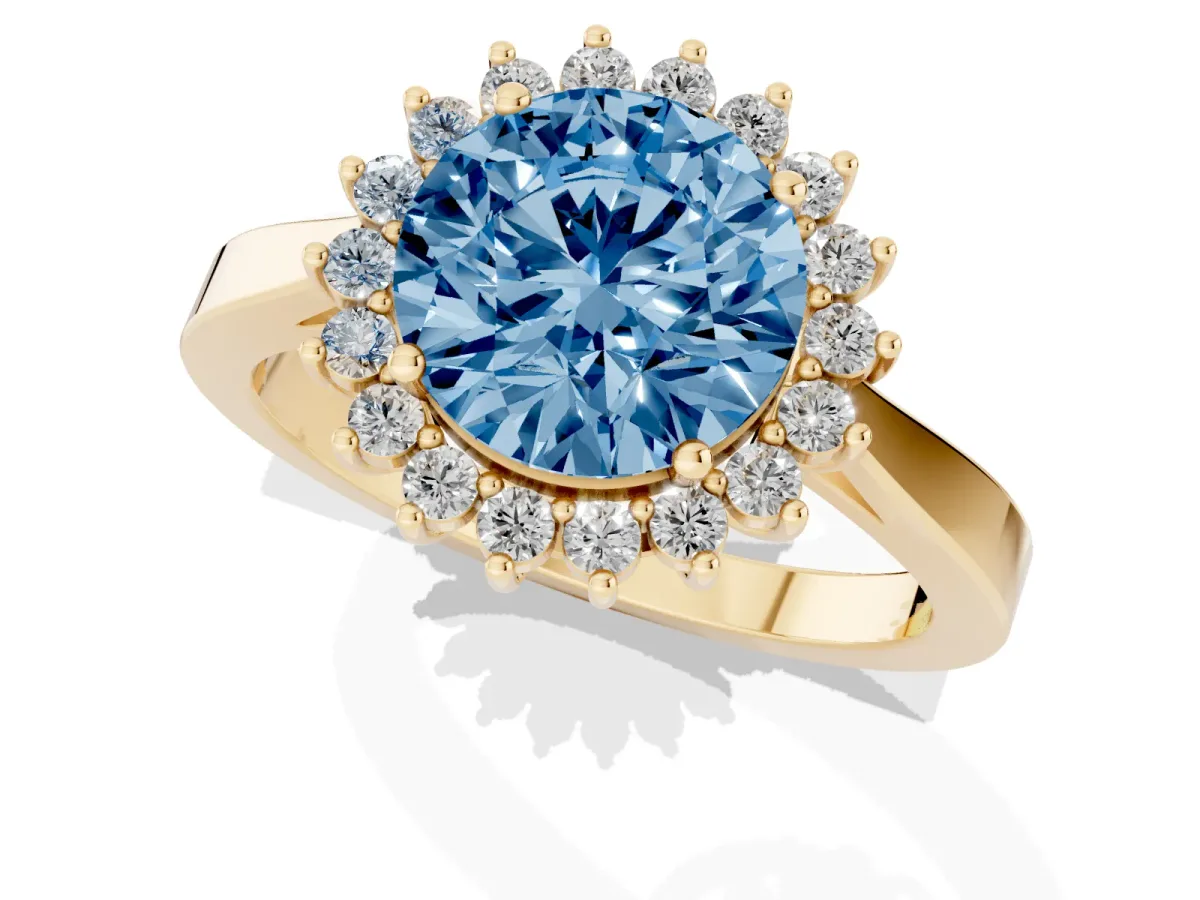 Fancy Blue Round Cut Cut Diamond Halo Ring with Round Brilliant Halo and Solitaire Band Yellow gold