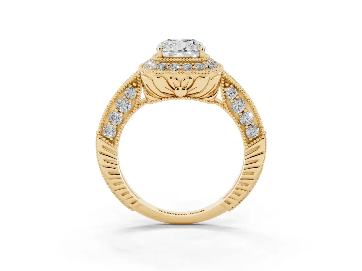 Cushion Cut Halo Diamond Split Shank Ring with Milgrain Detail Yellow gold